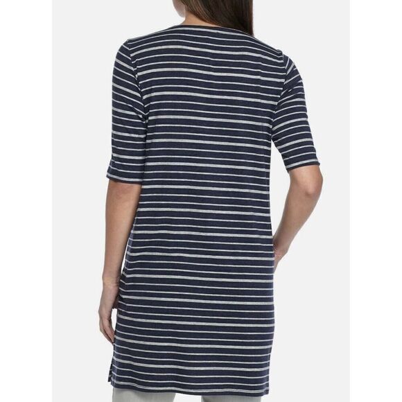 Eileen Fisher Tunic Navy Gray Stripe Womens Medium Round Neck Stretch Shirt Top - Picture 2 of 11